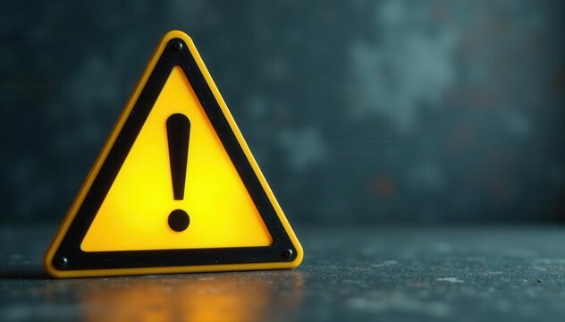 Bright yellow triangle with black exclamation mark on industrial background, background, high visibility