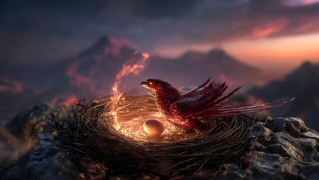 A golden red phoenix is ​​incubating a glowing egg in its nest made of ashes and burning twigs, a small fire burning softly around its body