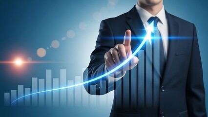 Successful business growth with a hand pointing to a rising graph and arrow, representing financial success and positive trends on a blue background