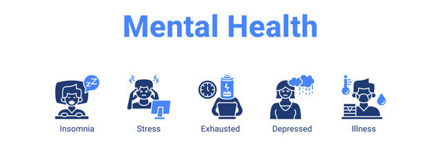 Mental Health web banner icon vector illustration concept ,  with icon of Insomnia, Stress, Exhausted.