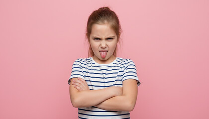 Fototapeta premium Unleashed Attitude: A young girl, radiating sass with crossed arms, sticks out her tongue against a vibrant backdrop, perfectly capturing a moment of playful defiance.