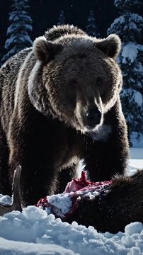 Grizzly bear feeds on a deer carcass in a snowy, sun-dappled winter forest