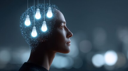 Conceptual representation of creative thinking with glowing light bulbs emanating from a human head silhouette on a blurred cityscape background