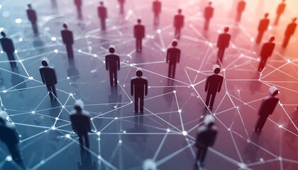 An overhead view depicts a vibrant network of abstract human silhouettes connected by glowing lines and points against a gradient blue and red background, symbolizing social or business connections.