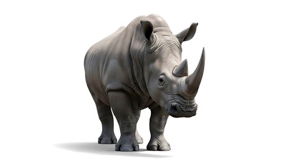Obraz premium Majestic 3D Render of a Powerful White Rhinoceros Standing Isolated on a Clean White Background – High-Resolution Wildlife Photography for Conservation and Design Projects.