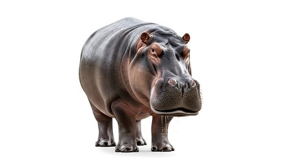 Obraz premium Massive African Hippopotamus (Hippo) Standing Frontally, Isolated on a Pure White Background: Detailed Full-Body Cutout of a Powerful, Semi-Aquatic Mammal for Wildlife and Zoo Themes.