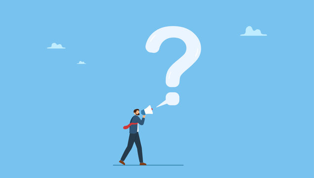 Businessman talking with megaphone asking question with speech bubble big question mark. Ask question for answer or solution to solve problem, communicate or request for help in business.