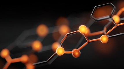 Abstract depiction of molecular structure with glowing orange spheres and black framework representing chemistry and scientific innovation in dark background