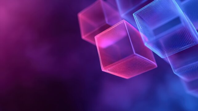 Abstract composition of transparent cubes in vibrant shades of pink and blue against a blurred colorful background for modern design and technology visuals