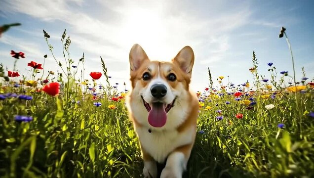Happy Corgi Dog Smiling in a Field of Colorful Flowers.