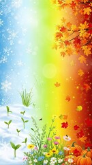 Fototapeta premium Vibrant seasonal background with snowflakes, growth, flowers and pumpkins