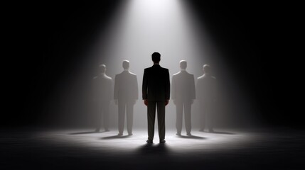 Obraz premium Group of Businessmen in Suits Illuminated by Spotlight in Dark Environment, Representing Leadership, Collaboration, and Professionalism