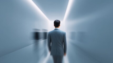 Fototapeta premium Man in Suit Walking Towards Bright Light in Futuristic Hallway with Blurred Figures in Background Evoking Sense of Mystery and Uncertainty in Modern Setting