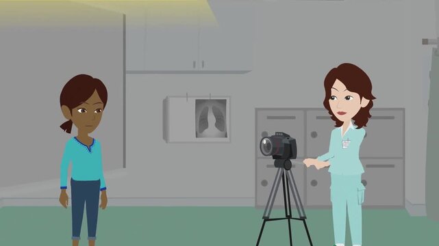 Male Radiology Technician Preparing Patient for X-Ray Examination in Hospital Lab