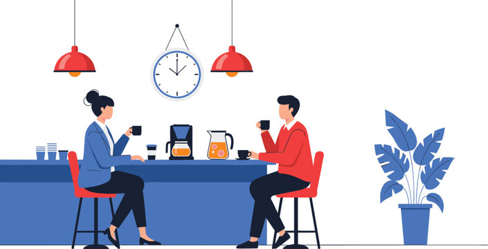 Modern flat vector illustration of a man and woman drinking coffee in a minimalist office breakroom or cafe with a clock and plants.