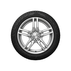 Obraz premium Silver alloy car wheel with tire and tread pattern on black backdrop