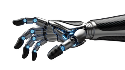 3D Render of Robotic Bionic Hand and Arm, Metallic Silver and Carbon Fiber with Glowing Blue Lights isolated PNG with Transparent Background