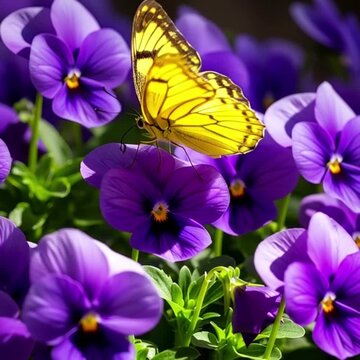 A vibrant close-up of purple and yellow pansy flowers in full spring bloom showcases the delicate beauty of violet petals and a butterfly amidst the lush garden flora
