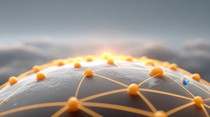 Futuristic Digital Network Connections Over Earth Surface with Orange Nodes and Intersecting Lines Against a Cloudy Sky at Sunset