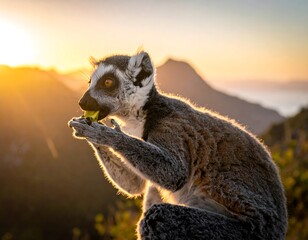 Obraz premium Lemur enjoying a treat at sunset, with mountains softly blurred in the distance