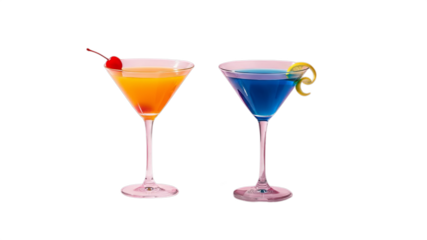 Two colorful cocktails in martini glasses, isolated on white background
