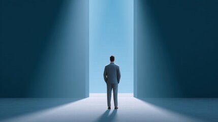 Obraz premium Professional standing in a modern space, contemplating a bright future beyond two towering walls, symbolizing hope, opportunity, and decision-making moments.