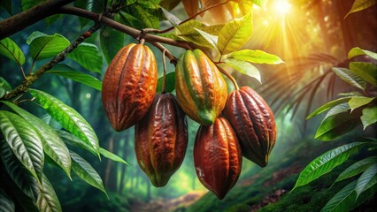 Rich, dark cocoa pods glisten with dew in the lush tropical rainforest canopy
