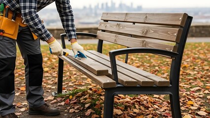 A diligent man wearing work gloves and a tool belt, carefully installing wooden slats onto a metal park bench in an outdoor autumnal setting.
