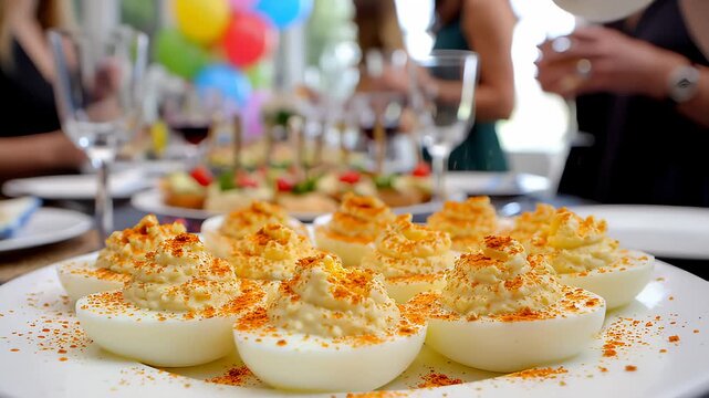 Chef Decorates Deviled Eggs at Celebration Party Buffet Table