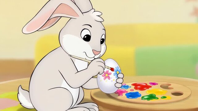Cartoon bunny painting floral patterns on Easter egg with small brush. Artistic calm detailed DIY craft content, educational commercial storytelling