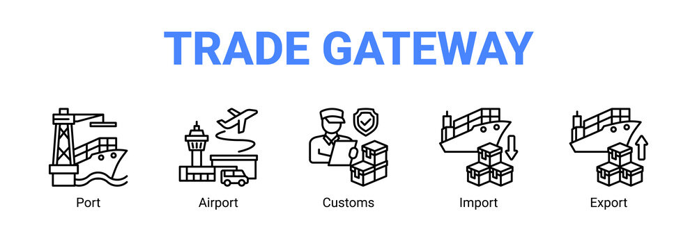 Trade Gateway web banner icon concept, with Port, Airport, Customs.