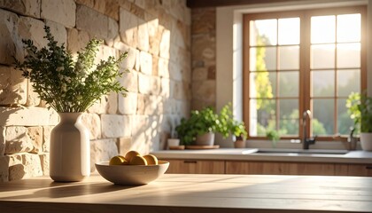 Fototapeta premium Sunlit kitchen interior with stone wall and fresh greenery.