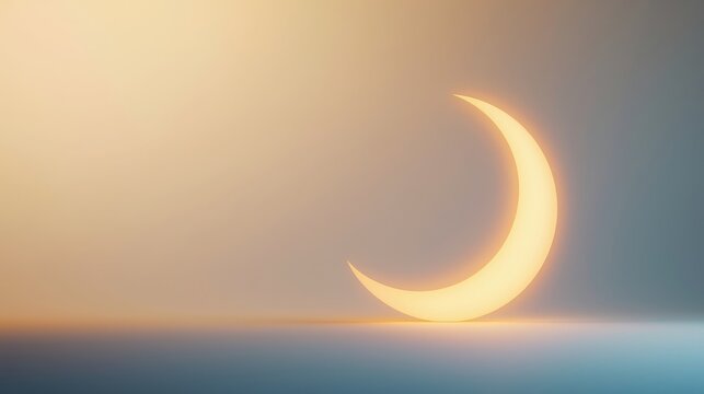 Ethereal Glowing Crescent Moon in a Misty Golden Atmosphere for Mystical Night and Spiritual Meditation Backdrop, Eid-ul-Fiter, Eid-Ul-Adha ,Ramadan ,moon light, eid milad un Nabi