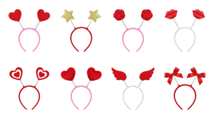 Valentine Love Boppers Headband Set with Red Hearts Gold Stars Pink Roses Lips Wings Bows Illustrations