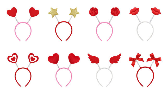 Valentine Love Boppers Headband Set with Red Hearts Gold Stars Pink Roses Lips Wings Bows Illustrations