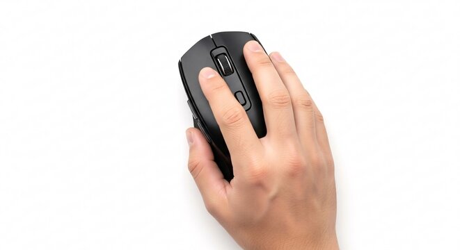Close-up of a human hand holding a black wireless computer mouse on a white background for office work or gaming use