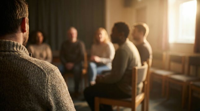 Person observing therapy group session from behind in warm sunlit room
