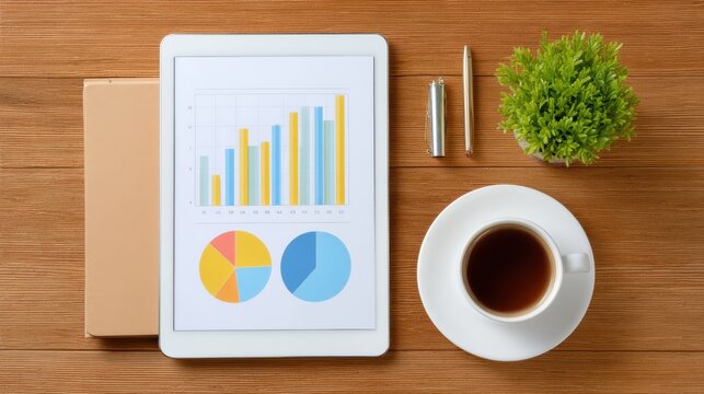 Modern Workspace with Tablet Displaying Charts, Coffee Mug, Green Plant, and Stationery on Wooden Table for Business and Office Settings - Powered by Adobe