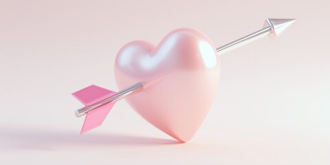 Minimal modern 3d illustration of a pink heart pierced by a silver cupid arrow.