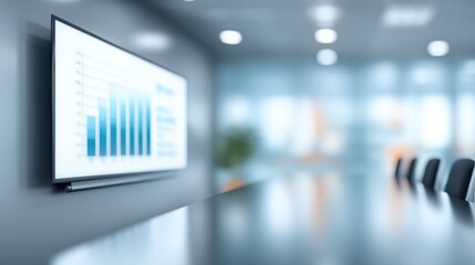Modern conference room with digital monitor displaying bar graph on wall, showcasing data visualization for business meetings and presentations