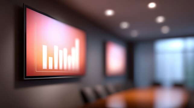 Modern conference room with vibrant graph displays on the wall, showcasing business growth and analysis in a corporate environment