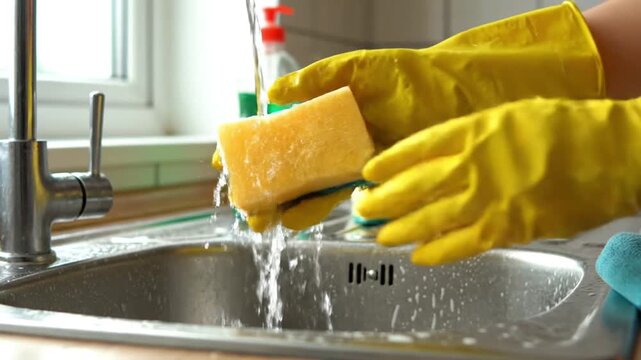 A close-up video clip of hands wearing yellow rubber gloves squeezing a soapy yellow sponge over a kitchen sink.