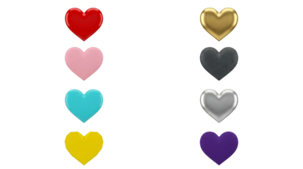 Heart Collection Featuring Gold, Silver, Stone, and Glossy Textures in Realistic Style