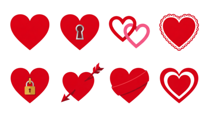 Valentine Love Heart Set Featuring Lock Keyhole Arrow Lace Border and Ribbon Red Symbols