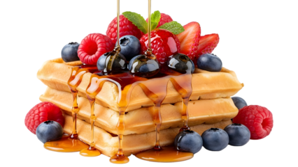 A stack of waffles topped with fresh berries and syrup on a black background