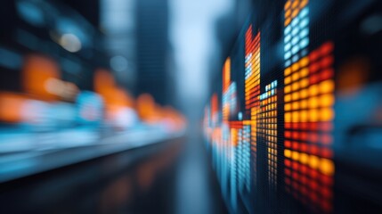 Abstract representation of data visualization with colorful bars and blurred city background in urban setting, highlighting technology and analytics concepts