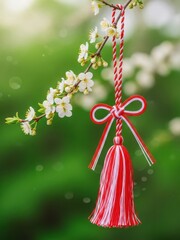 A vibrant red and white martenitsa hanging from a blossoming spring branch