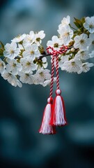 Delicate white cherry blossoms on a branch adorned with traditional red and white martisor tassels