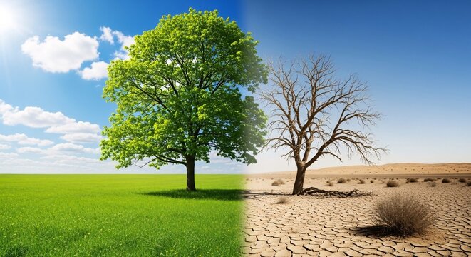 Dramatic contrast between vibrant lush green healthy tree and dry barren tree in desert landscape showcasing environmental change and impact of climate conditions