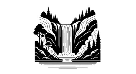 Stylized Black and White Waterfall Landscape Vector Illustration © jaka-Stock